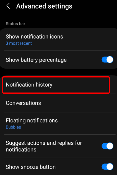Notification History in Settings